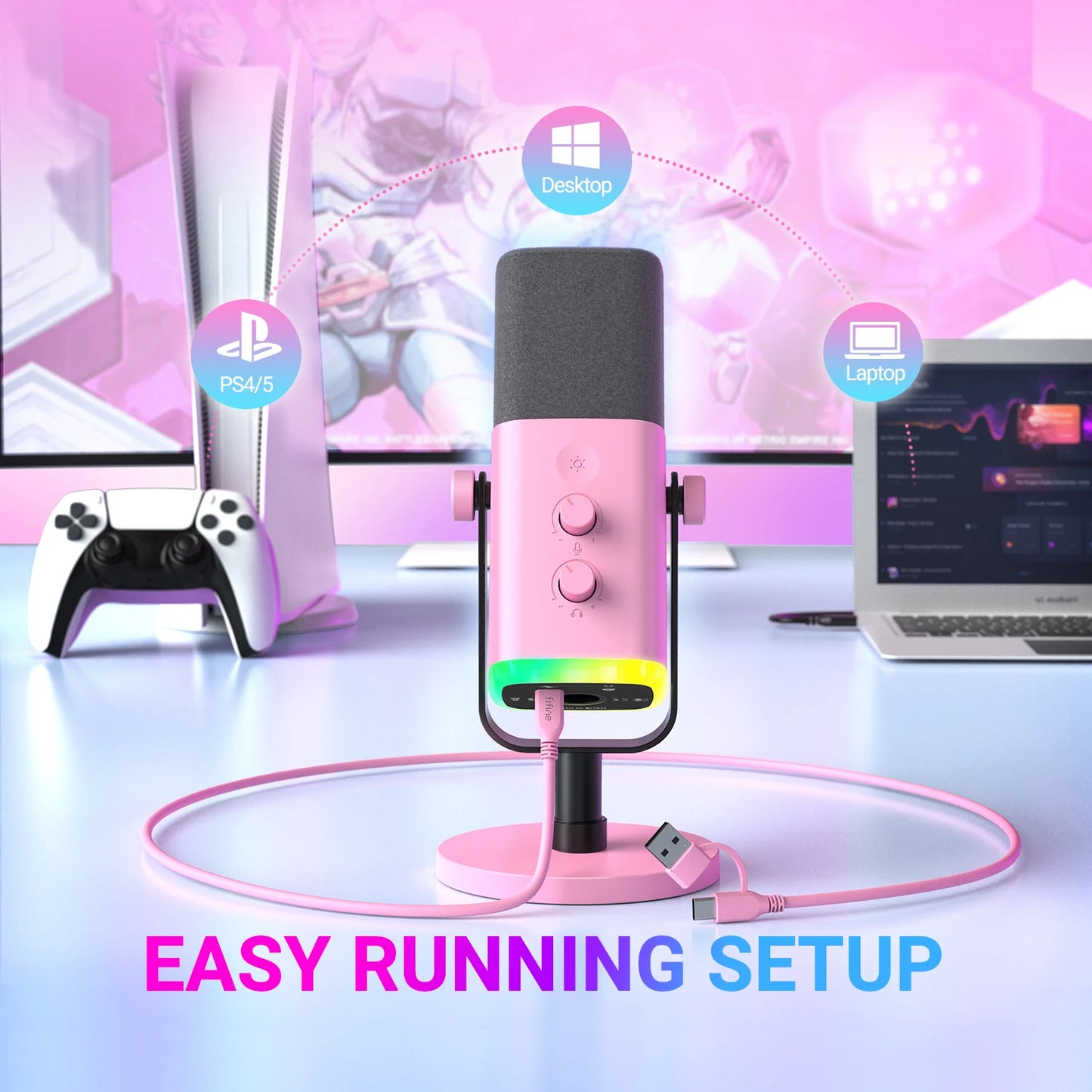 FIFINE USB/XLR Dynamic Microphone with RGB Control/Headphone Jack/Mute,MIC for PC Gaming YouTube Live-Streaming AmpliGame-AM8P