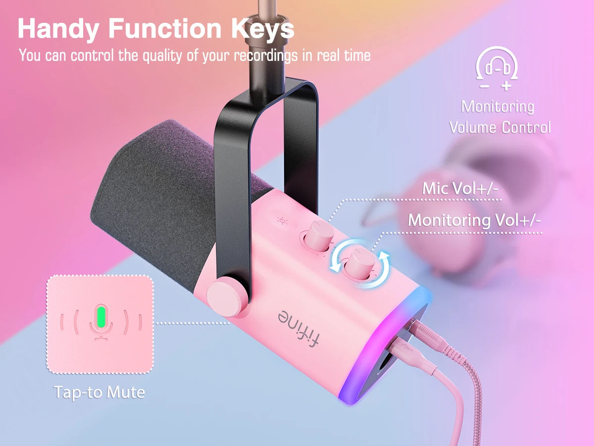 FIFINE USB/XLR Dynamic Microphone with RGB Control/Headphone Jack/Mute,MIC for PC Gaming YouTube Live-Streaming AmpliGame-AM8P