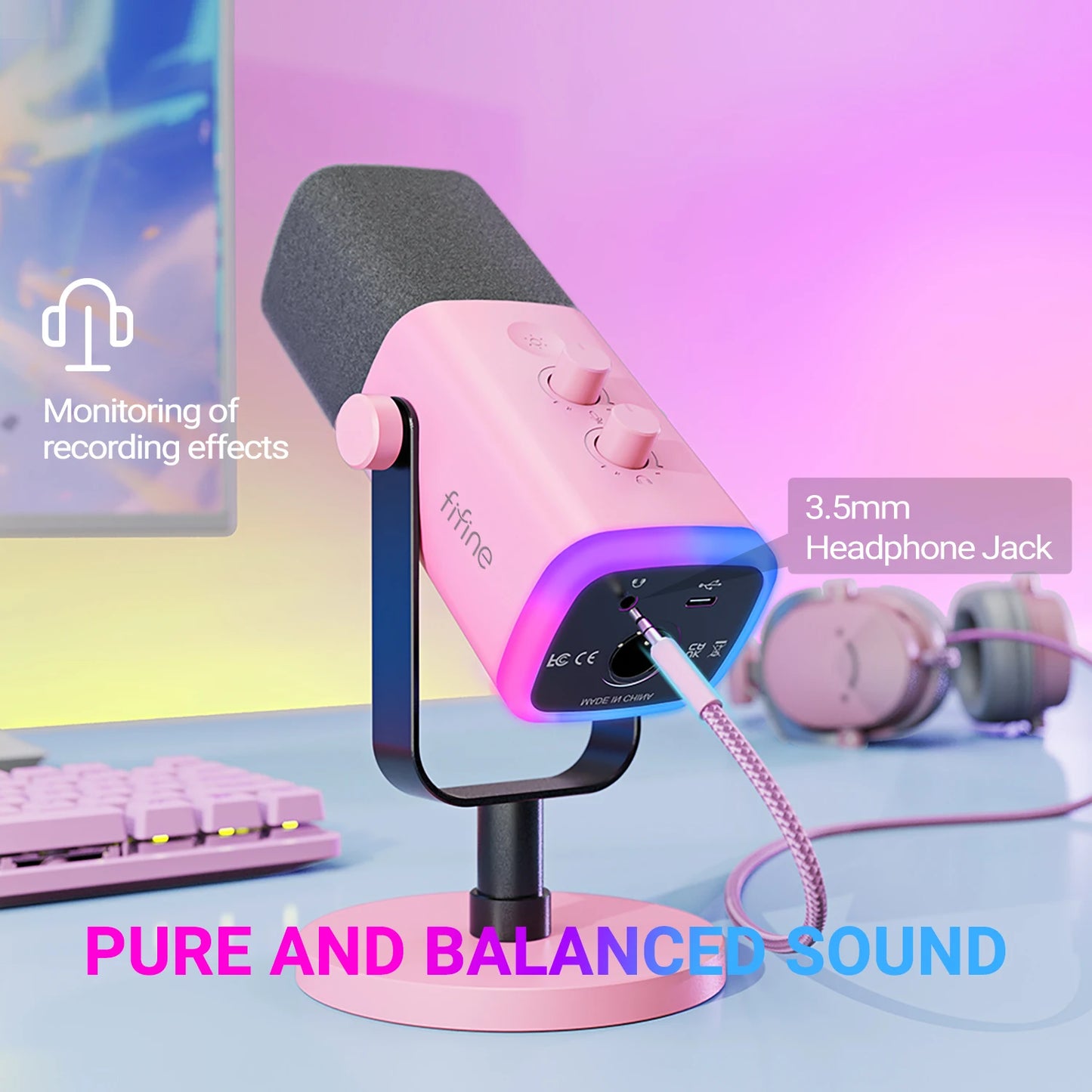 FIFINE USB/XLR Dynamic Microphone with RGB Control/Headphone Jack/Mute,MIC for PC Gaming YouTube Live-Streaming AmpliGame-AM8P