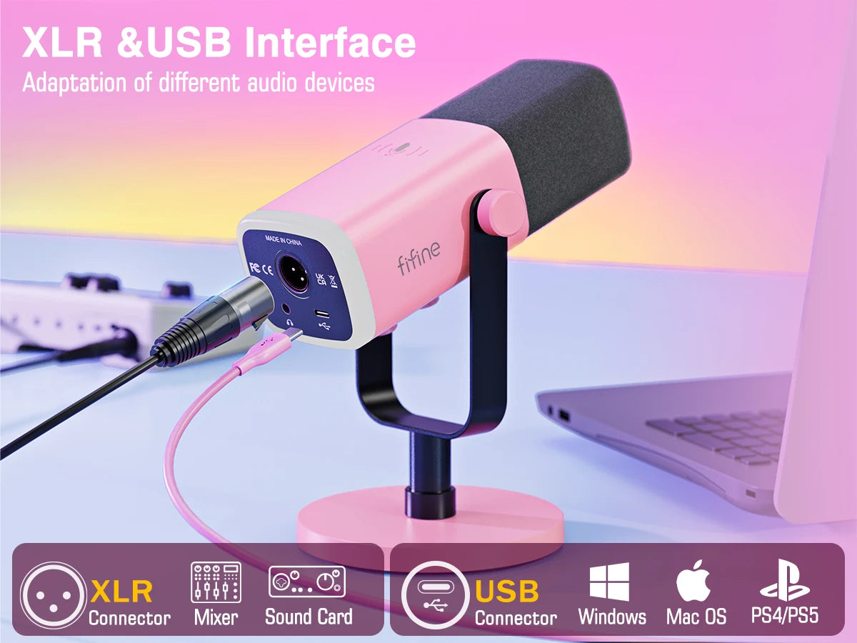 FIFINE USB/XLR Dynamic Microphone with RGB Control/Headphone Jack/Mute,MIC for PC Gaming YouTube Live-Streaming AmpliGame-AM8P